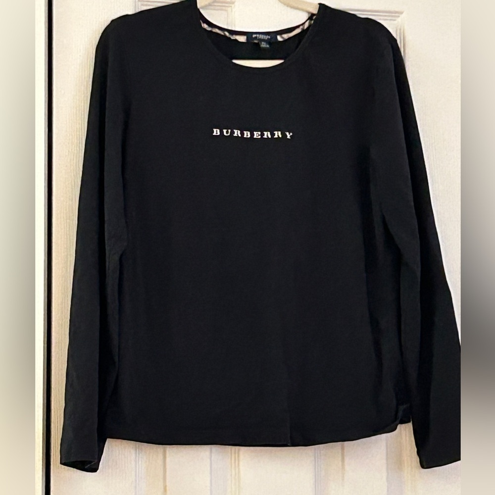Burberry Vintage Black long t-shirt iconic plaid collar women’s L luxury - Picture 1 of 3